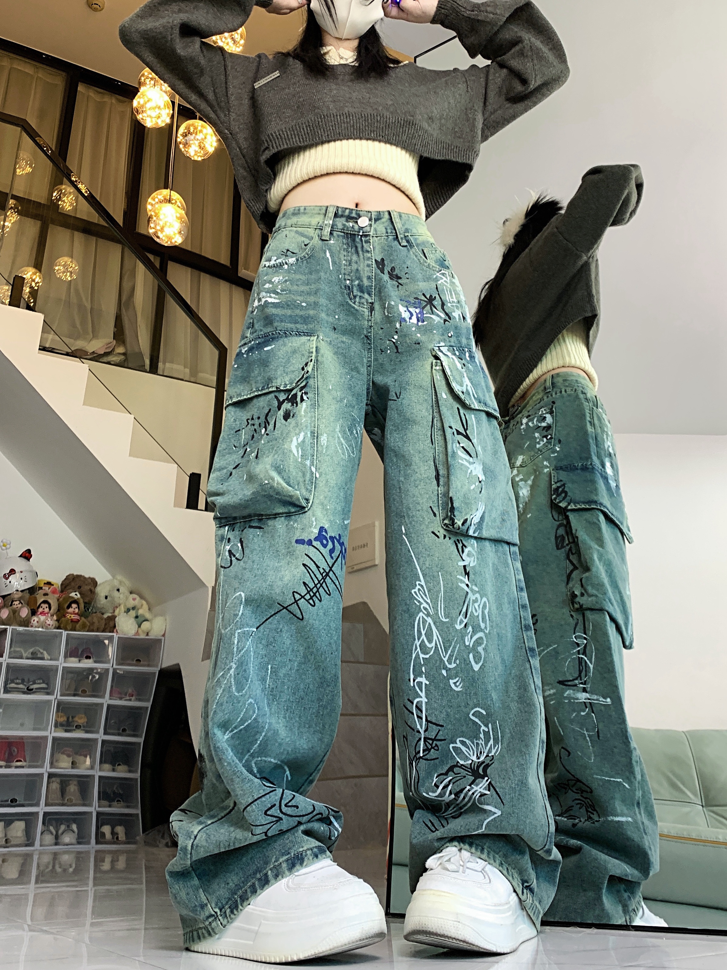 實拍！！塗鴉工裝牛仔褲女寬鬆顯瘦氣質休閒復古街頭原宿印花