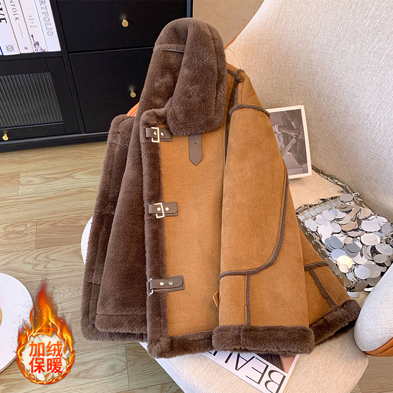 2023 new high-end lamb plush short coat women's autumn and winter fur integrated thickened and velvet motorcycle cotton jacket