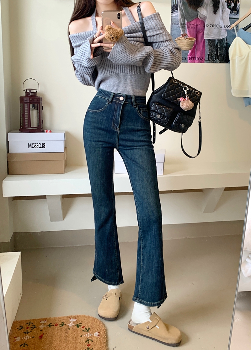 實拍#新款高腰彈力牛仔褲女設計感腳口開叉微喇叭褲子