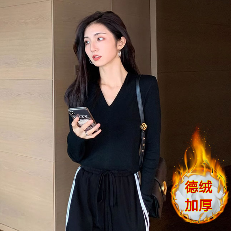 Official photo Autumn and winter T-shirt tight elastic inner layered with velvet thickened bottoming shirt V-neck long-sleeved high-waisted top for women