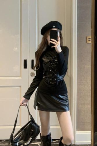 Actual shot~Pure Desire PU Leather Corset Tube Top Slim Fit Versatile Vest Long Sleeve Two-piece Top for Women