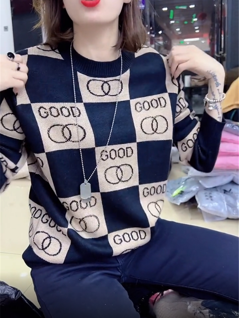 歐貨新款秋冬季半高領毛衣女亮鑽字母針織內搭慵懶風套頭長袖上衣
