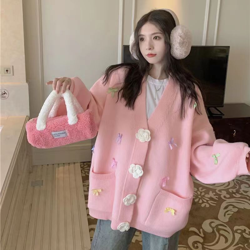 Women's new Korean style lazy style sweet age-reducing candy color bow V-neck three-dimensional flower cardigan sweater thickened