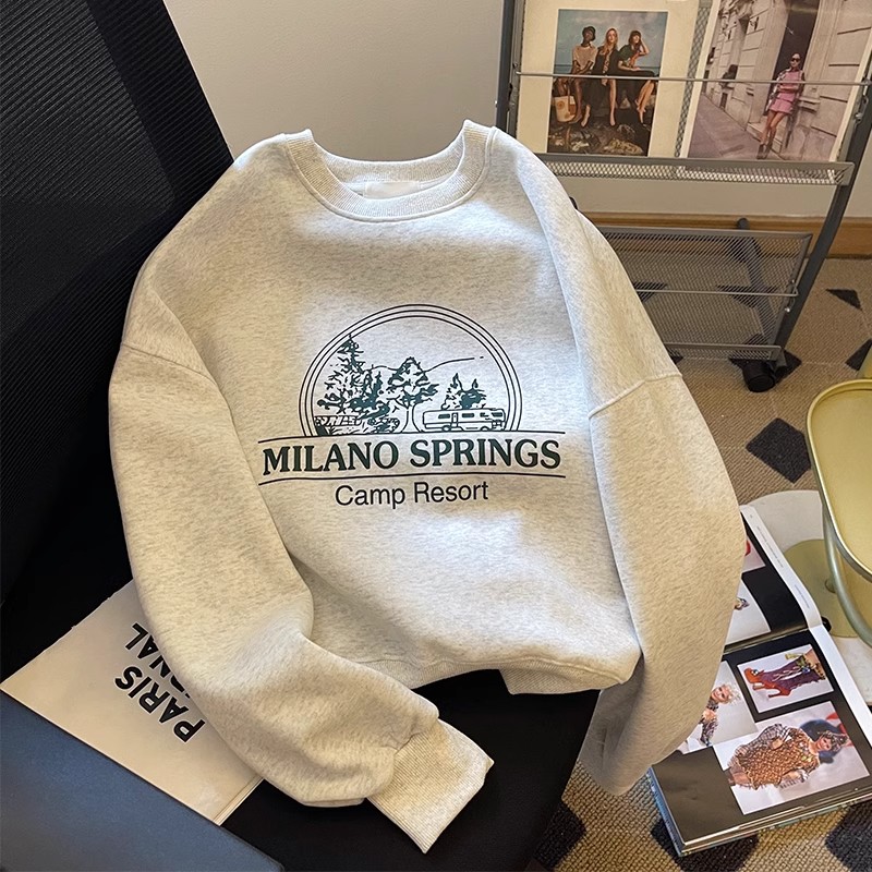 American retro gray round neck long-sleeved sweatshirt for women in autumn, loose and versatile, super hot top for small people