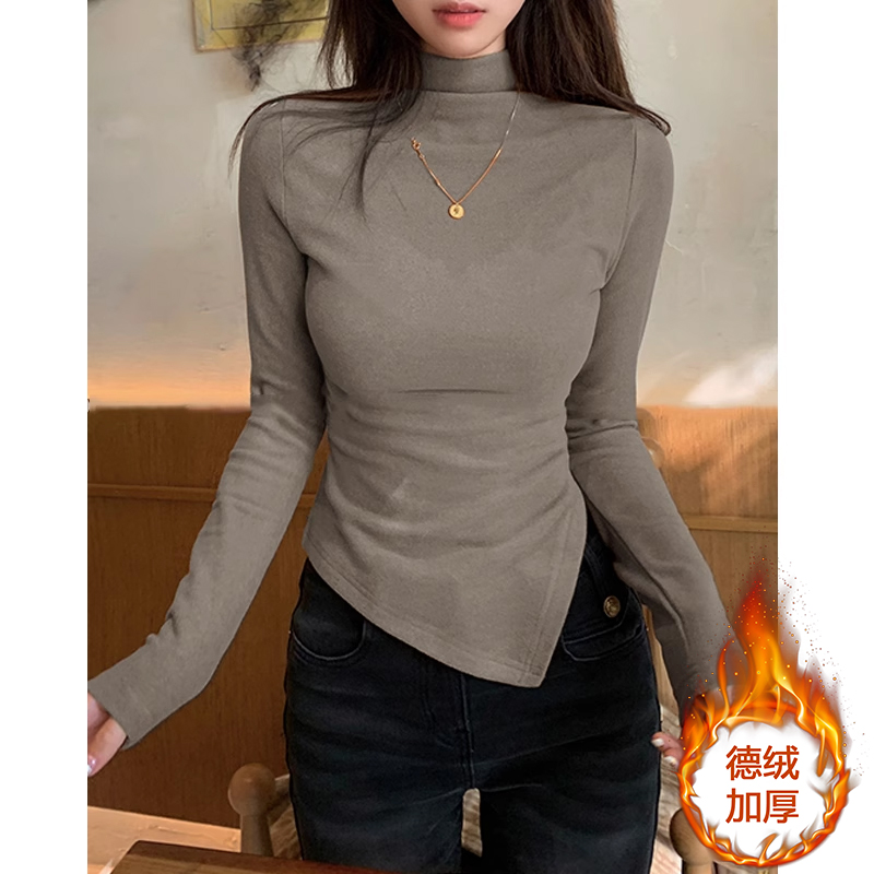 German velvet half turtleneck inner bottoming shirt for women autumn and winter 2023 new irregular shoulder hottie gray slim fit top