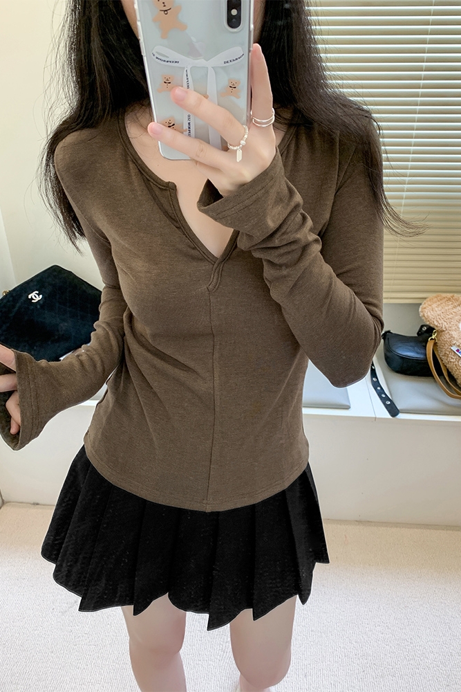 波光晨露 溫柔氣質V領修身打底衫女秋薄款長袖T恤衫