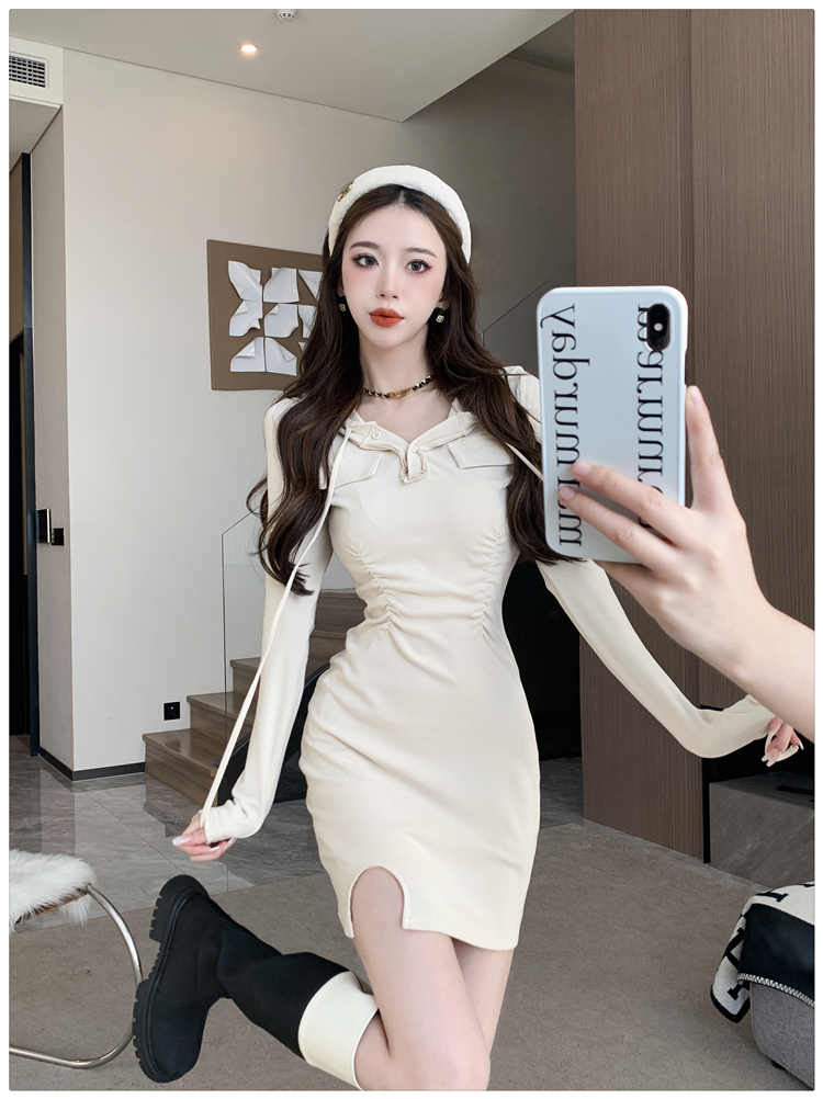 歐美風性感開叉緊身包臀短裙女秋季小個子純欲辣妹連帽打底連衣裙