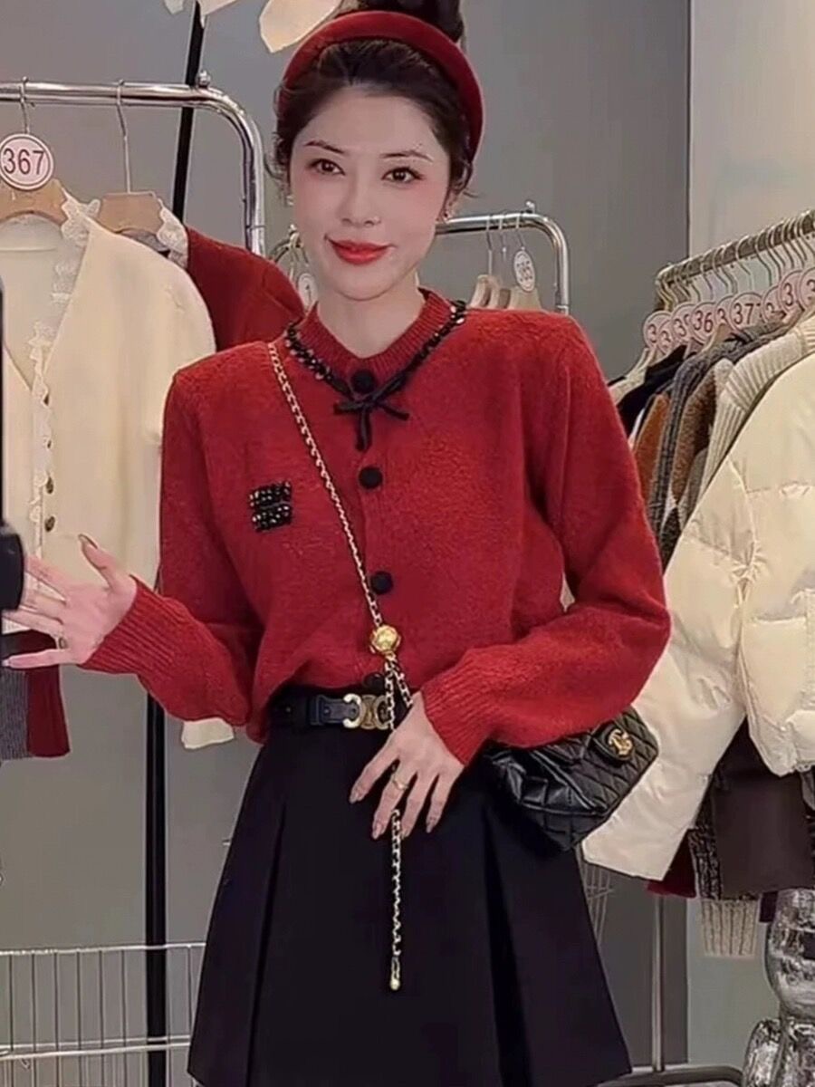 法式蝴蝶結釘珠亮片毛衣女2023秋冬季時尚顯瘦紅色小香風短款開衫