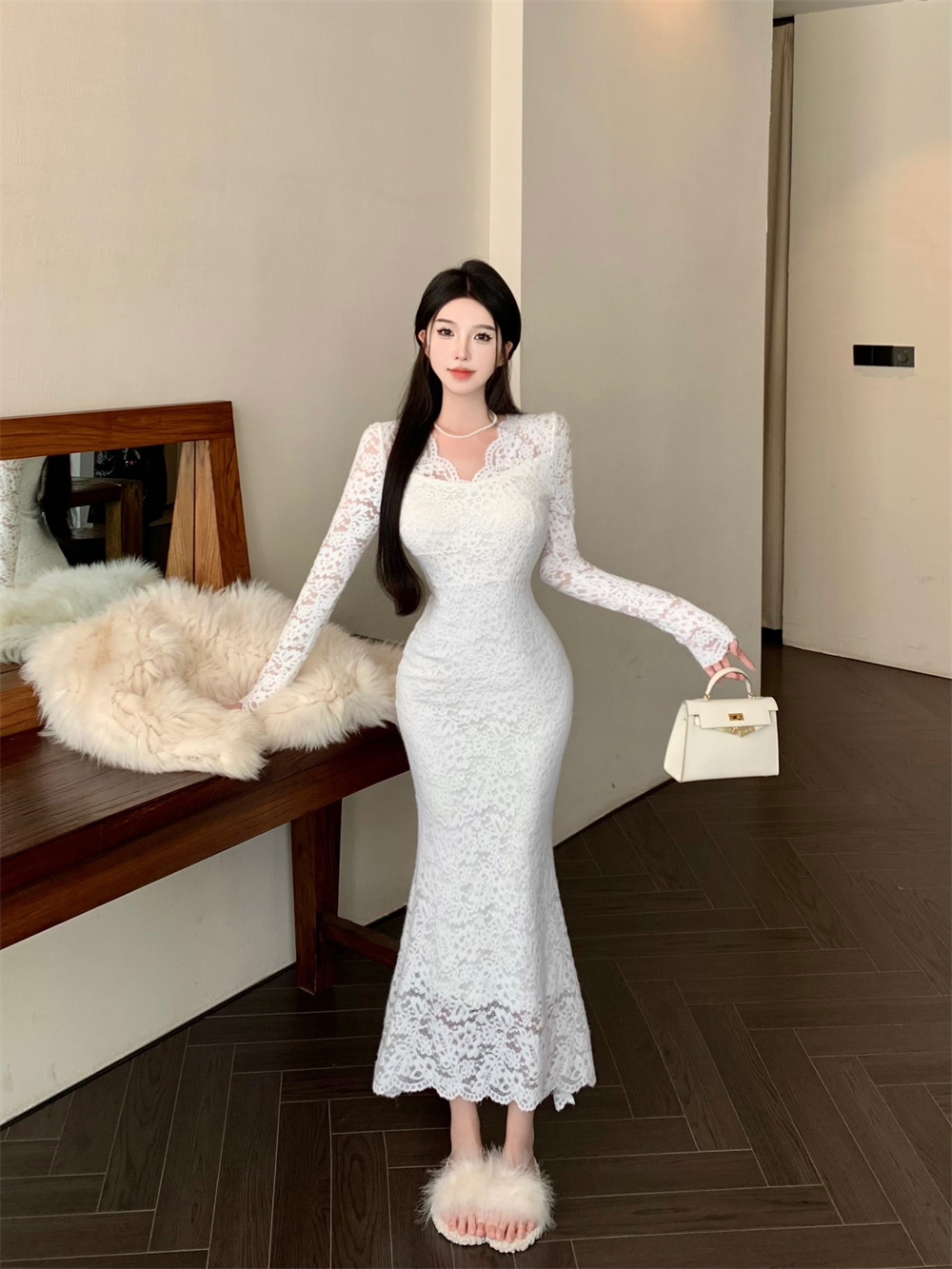 Real shot of elegant v-neck long-sleeved lace high-waist slimming hip-hugging fishtail midi skirt dress