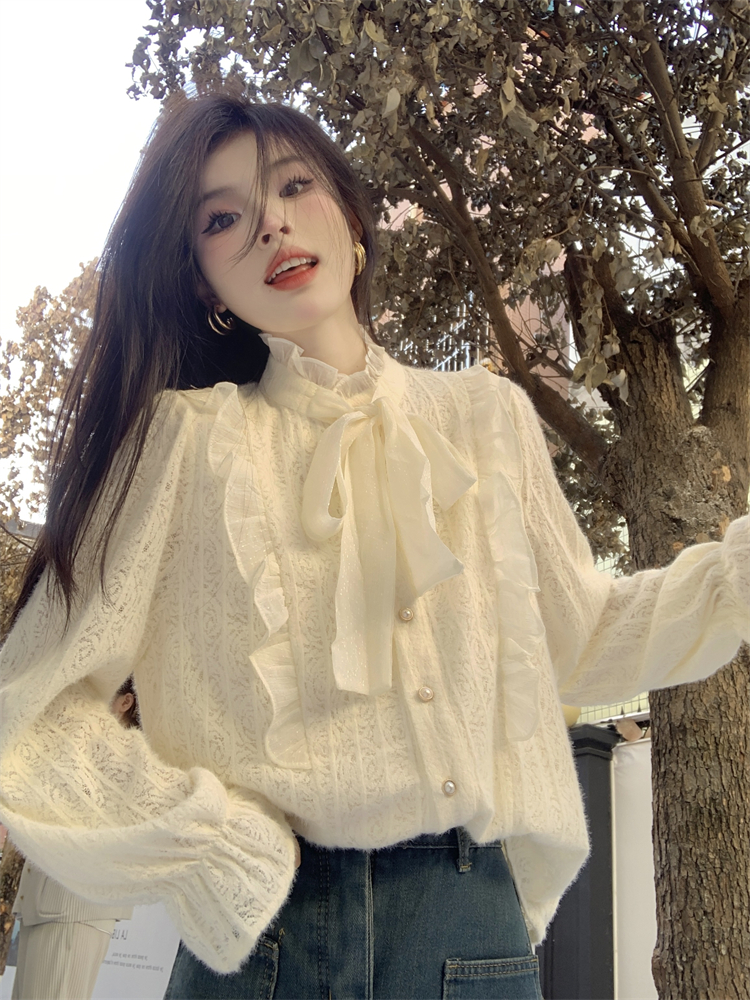 實拍 秋季新款韓系立領蝴蝶結系帶長袖襯衫女內搭加絨上衣
