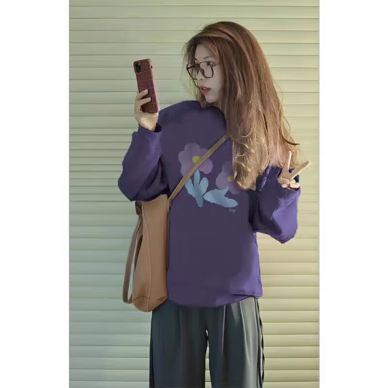 紫色圓領美式oversize衛衣女款2023新款秋季高級感穿搭超好看上衣