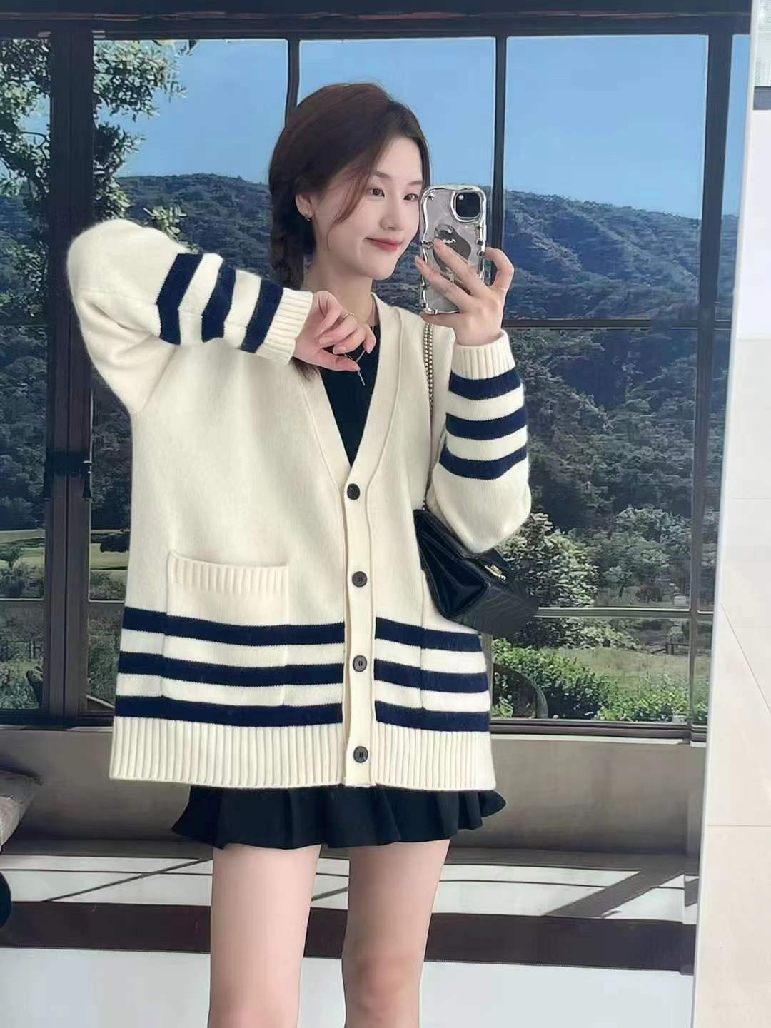 品質韓系氣質條紋針織開衫女慵懶復古外穿毛衣拼接寬鬆外套潮