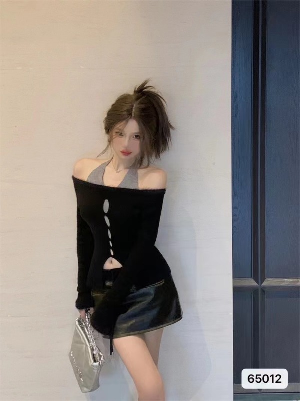 黑色v領珍珠扣流蘇長袖針織衫毛衣女秋冬修身內搭打底衫短款上衣