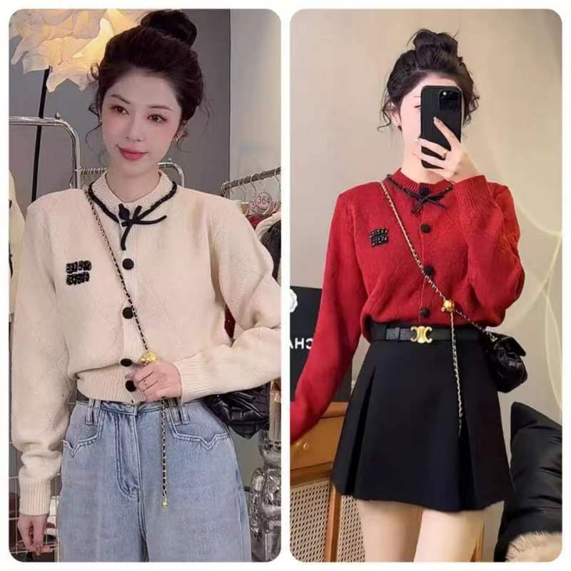法式蝴蝶結釘珠亮片毛衣女2023秋冬季時尚顯瘦紅色小香風短款開衫