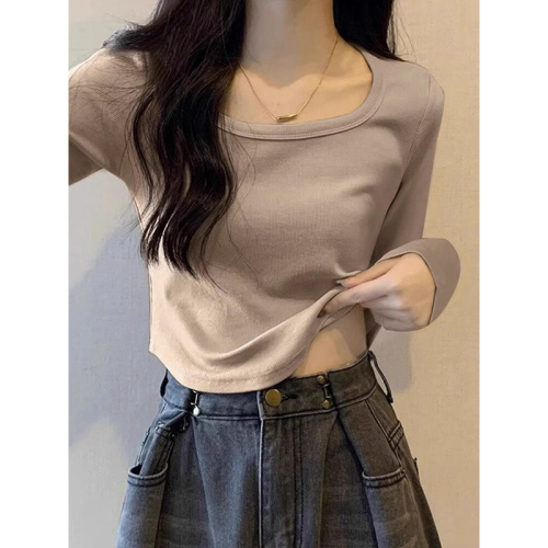 Official Design High-Neck Apricot Base Shirt Top for Women, Autumn Innerwear with Curved Hem T-Shirt
