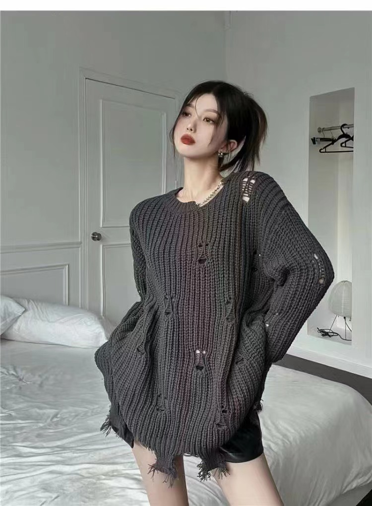 破洞毛衣女秋冬季設計感小眾2023新款寬鬆慵懶風復古打底針織衫女