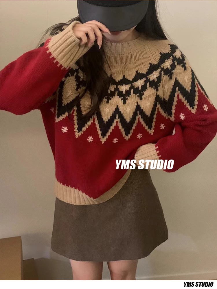 羊毛拼接刺繡費爾島復古聖誕氛圍毛衣 甜美設計感上衣