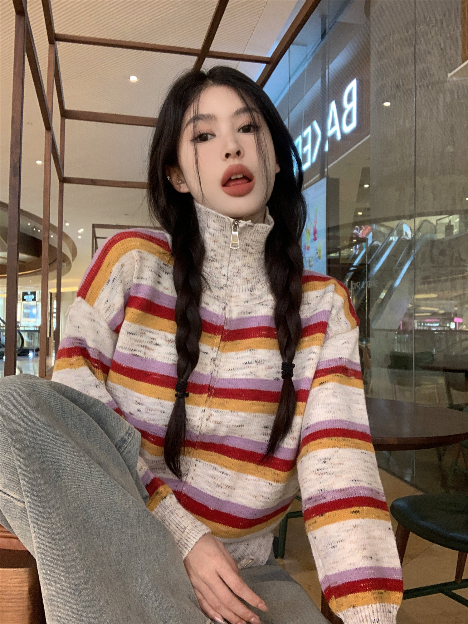 實拍~彩虹條紋翻領毛衣女秋冬寬鬆減齡氣質休閒百搭開衫外套
