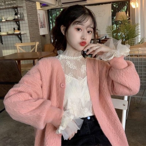  New Women's Spring and Autumn Loose Korean Style Sexy Pullover Top Women's Trendy Super Fairy Retro Long Sleeve Stand Collar Lace Top
