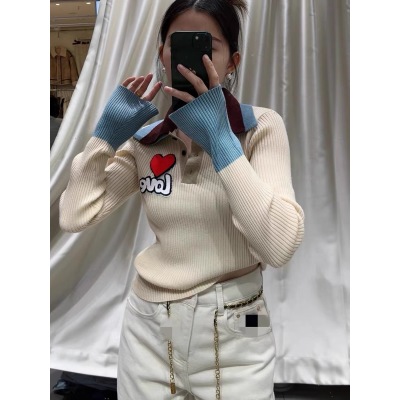 美式復古甜美愛心字母撞色翻領全羊毛針織衫女設計感小眾設計師款