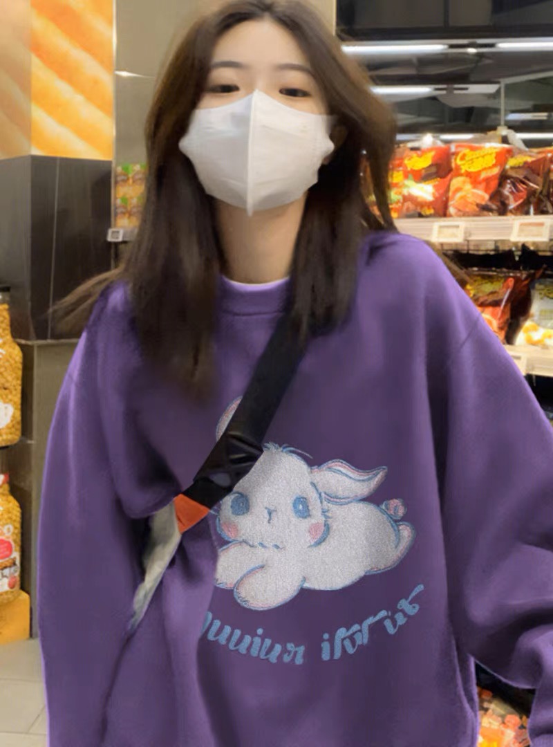 藝術生紫色圓領衛衣女加絨小個子寬鬆美式復古秋冬港味chic上衣潮