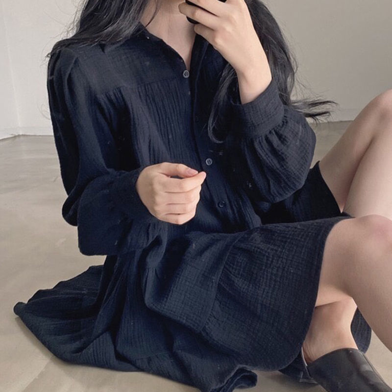 法式polo領連衣裙女秋季新款小個子上衣襯衫裙翻領收腰顯瘦a字裙