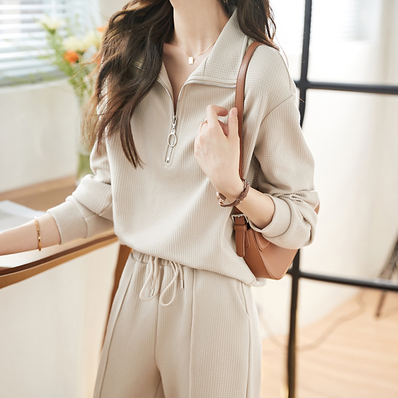 2024新款春秋休閒肌理運動服兩件套簡約翻領衛衣鬆緊腰長褲女套裝