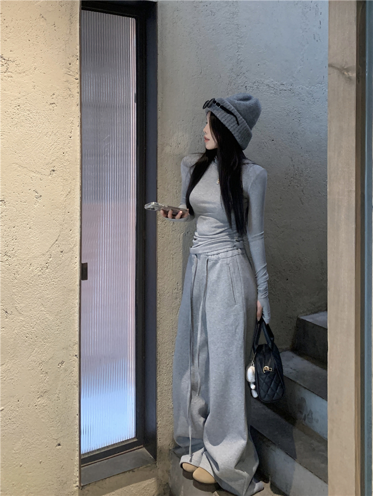 實拍~辣妹螺紋連帽打底衫女+高腰直筒抽繩休閒闊腿褲套裝