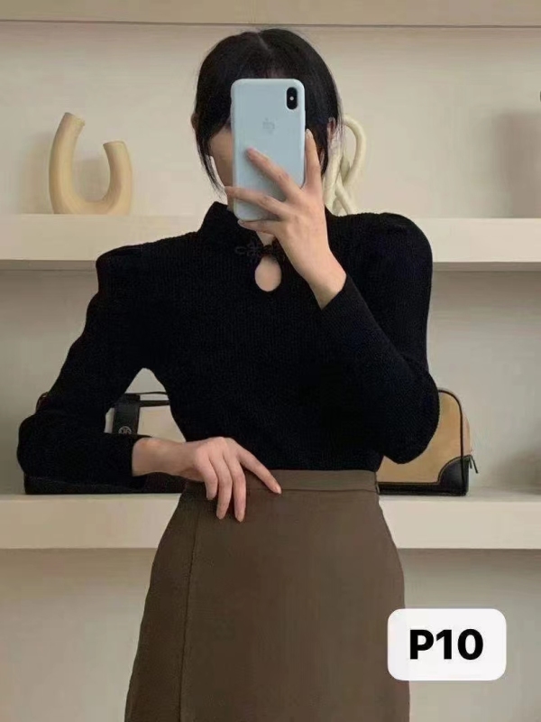 復古女人味改良旗袍針織衫立領修身泡泡袖打底上衣毛衣女2023新款