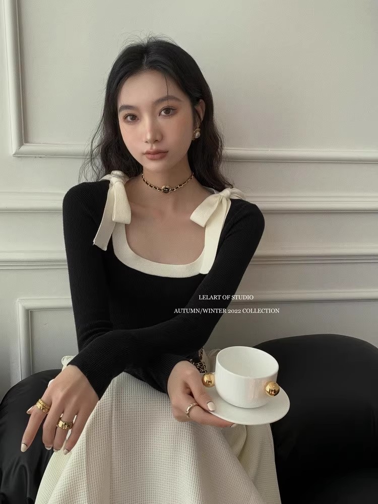 French chic bow knitted sweater for women in autumn and winter new design niche slimming inner layering top