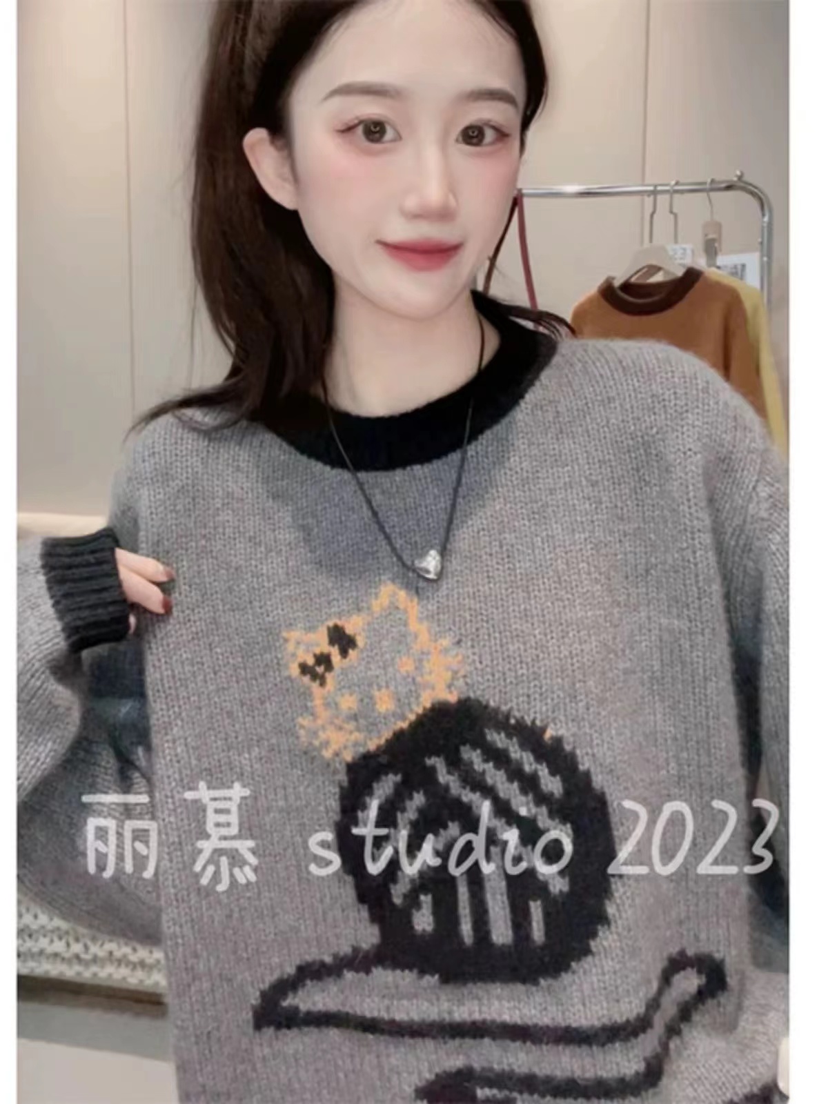 時尚減齡貓咪卡通圖案圓領針織衫毛衣女秋冬新款休閒百搭套頭毛衣