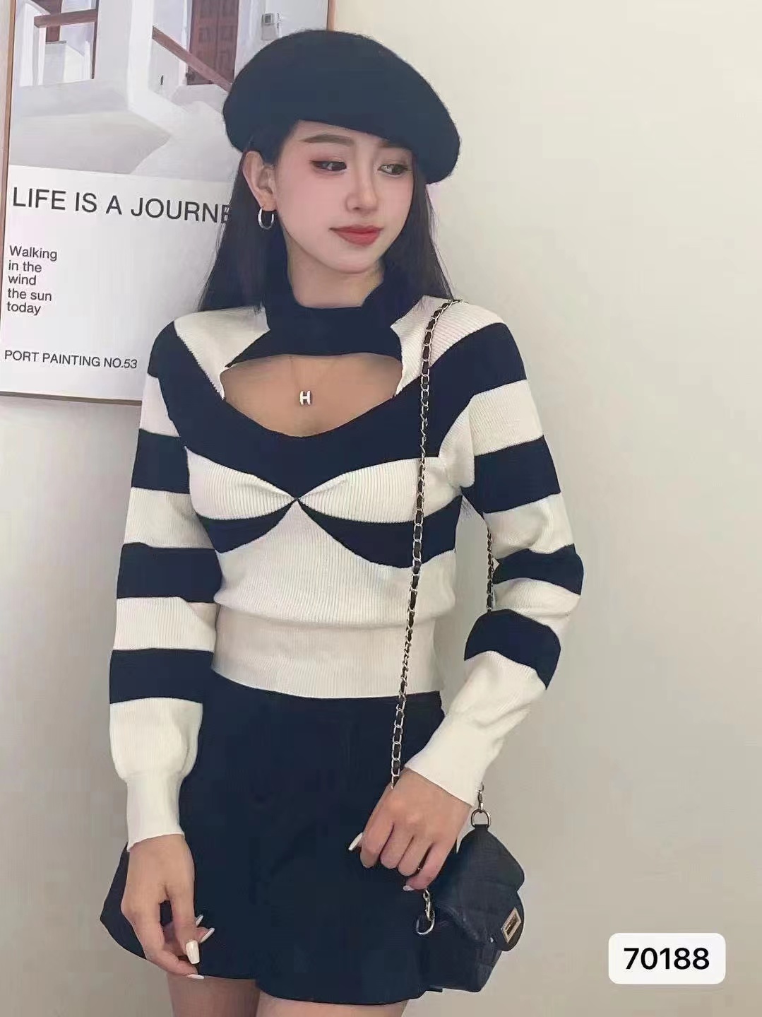 2023 new autumn and winter Korean style sexy hottie round neck striped hollow design long-sleeved top for women