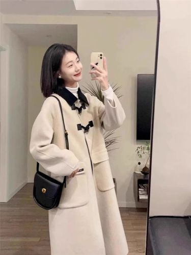 Horn button woolen coat for women autumn and winter high-end loose Korean style for small people  new thick woolen coat