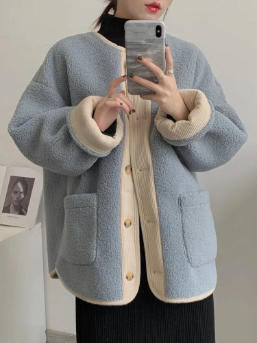 Contrast color retro lamb wool coat for women new style loose and thickened mid-length style