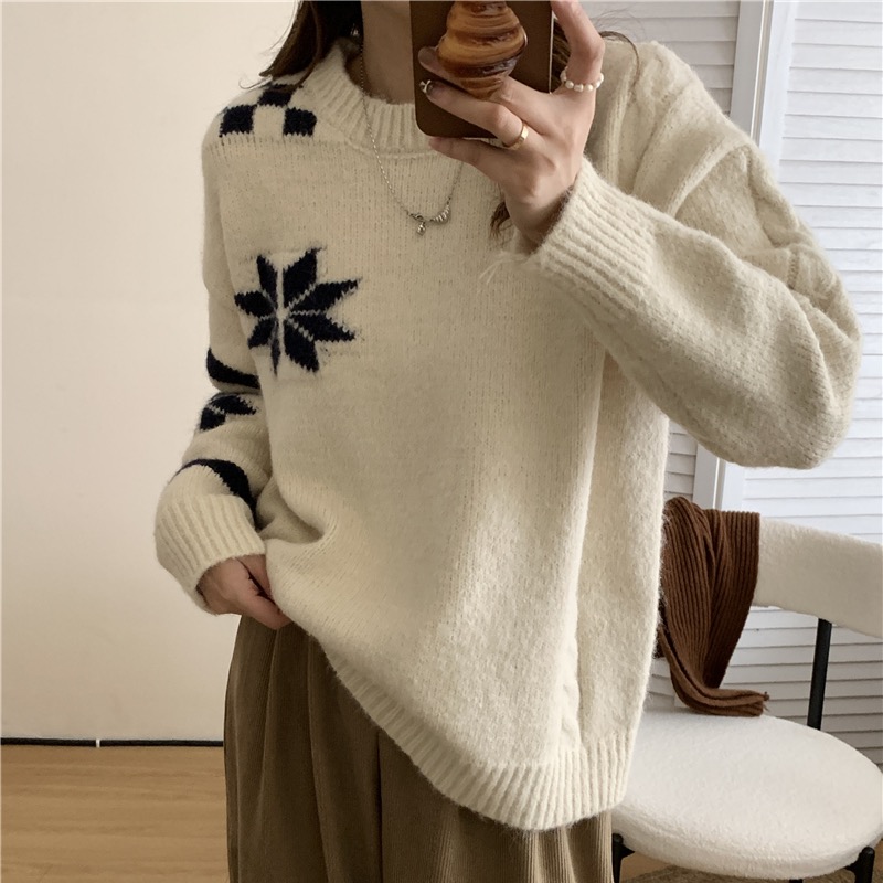 慵懶風雪花圓領毛衣女2023秋冬新款顯瘦時尚設計感韓版寬鬆針織衫
