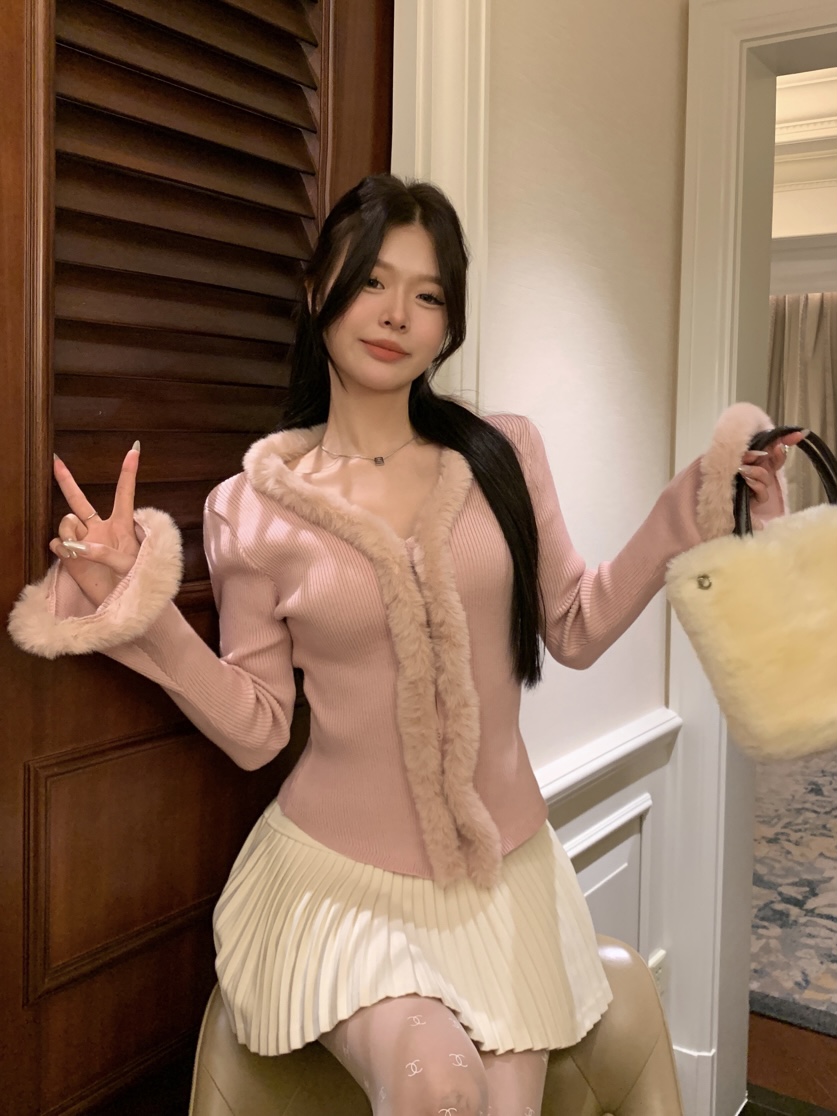 實拍 新款辣妹毛邊拼接v領加厚針織不規則修身喇叭袖開衫