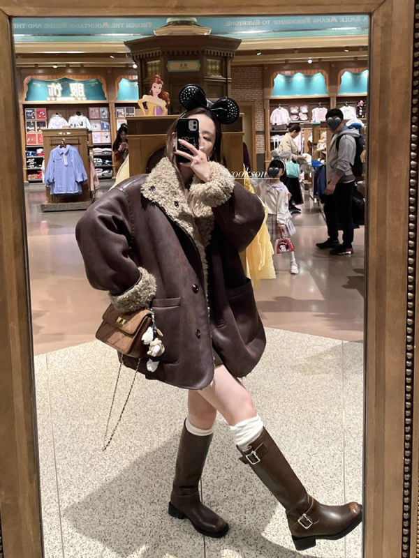 HEYGIRL Wang Zha reversible heavy-duty fur all-in-one motorcycle jacket women's winter warm top