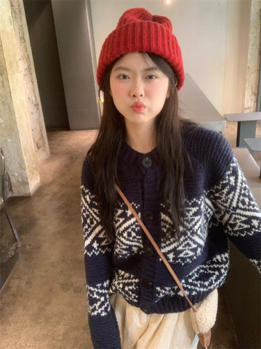 实拍 冬季韩版民族风复古撞色提花宽松显瘦外套毛衣开衫女