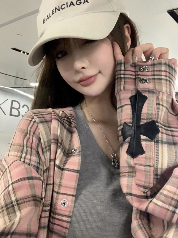 CHICYOU classic pink girly plaid long-sleeved loose cross shirt top slim and versatile coat for women