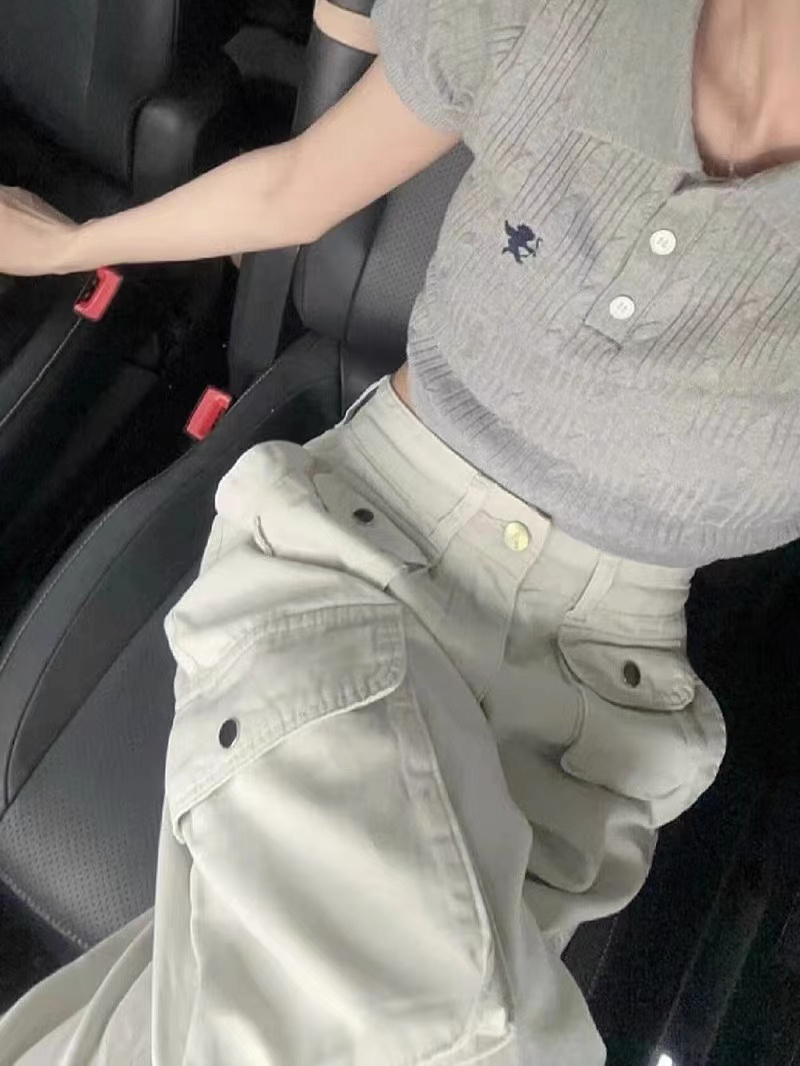 水洗全棉美式高街白色工裝闊腿褲子女春秋季小個子休閒長褲