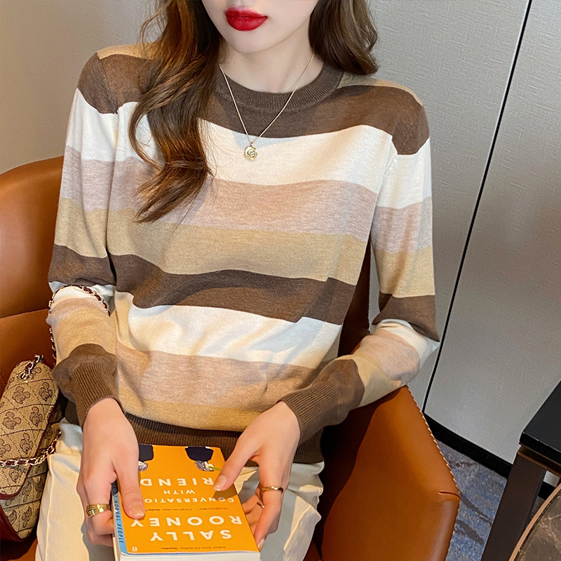 條紋打底衫女春秋冬薄款內搭2023新款寬鬆毛衣針織衫長袖早秋上衣