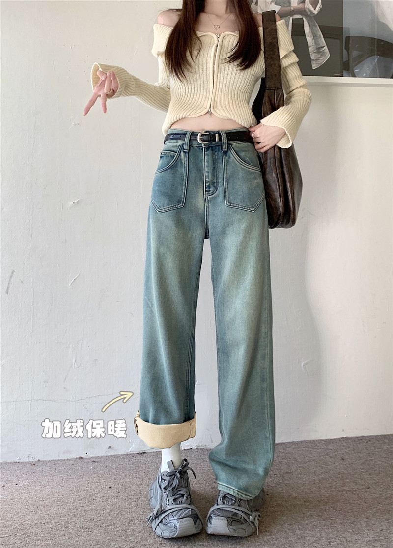 Actual shot ~ Retro light blue velvet jeans for women in autumn and winter high-waisted straight loose slimming floor-length wide-leg pants