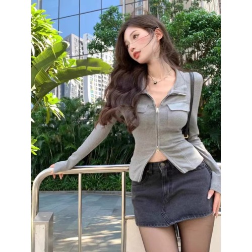 Thread~Hot Girl POLO Collar Zipper Short Jacket Women's Autumn and Winter New Slim Fit Long Sleeve Cardigan Top