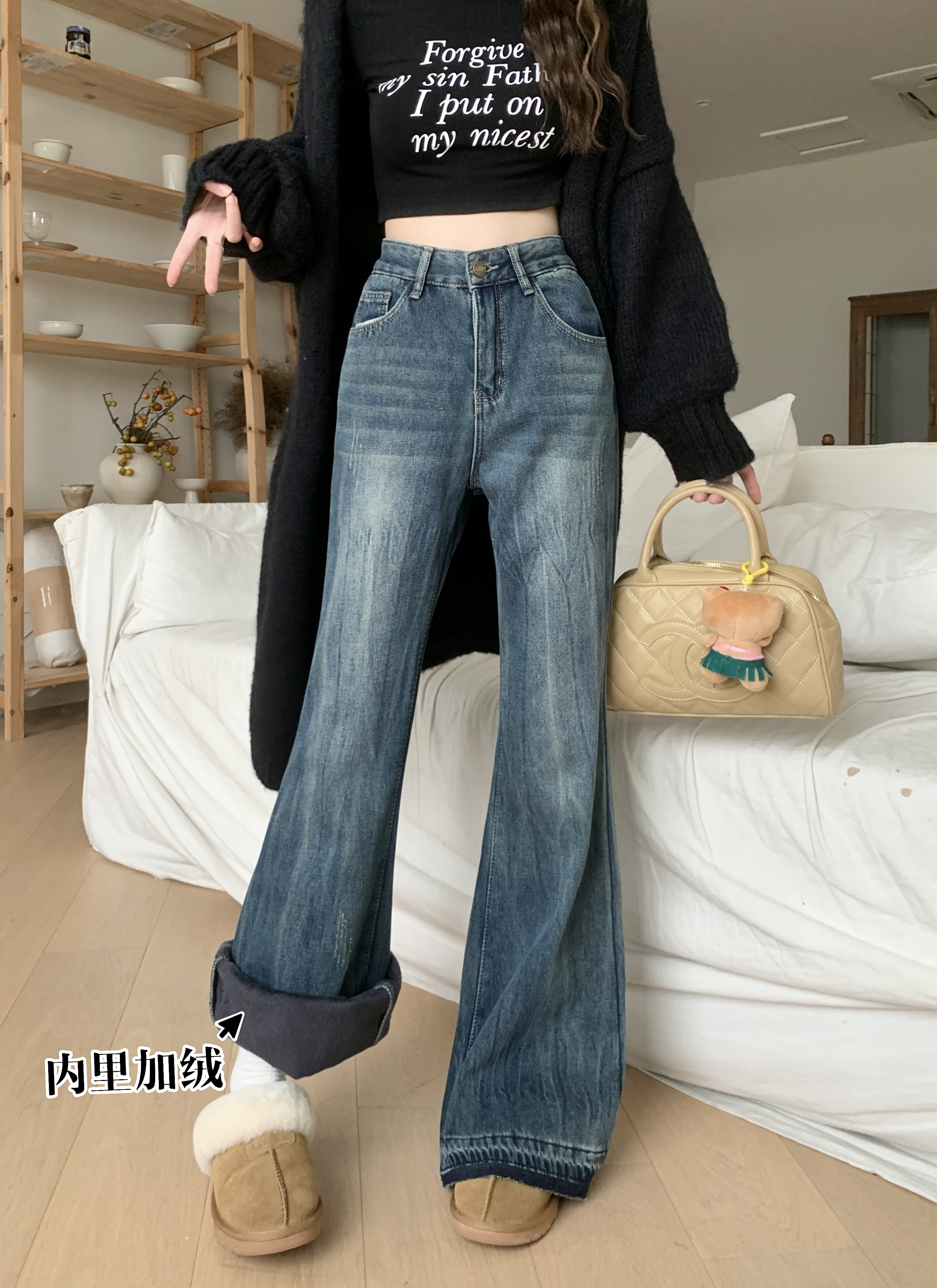 實拍 高腰顯瘦加絨加厚美式復古微喇牛仔褲