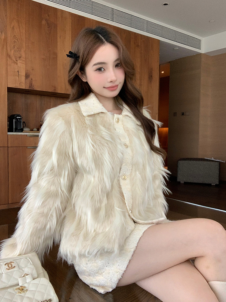 實拍 雪絨香檳島 小香仿皮草外套拼接毛毛上衣