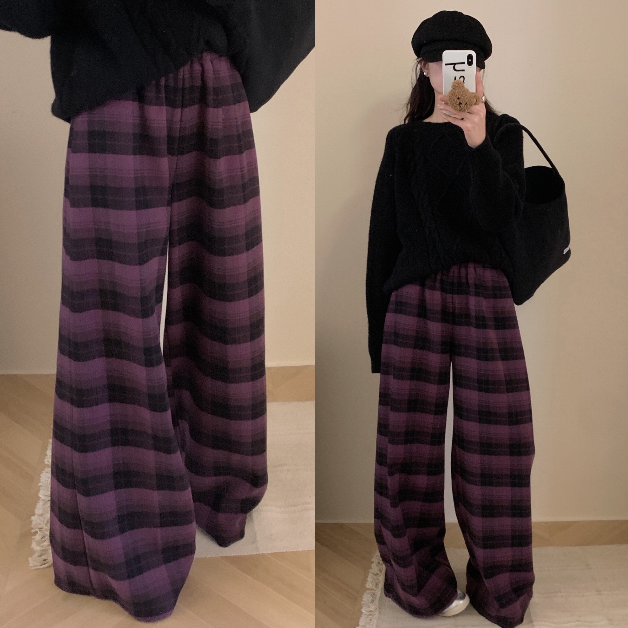 實拍  秋冬加厚加絨闊腿褲 寬鬆 格子休閒褲 顯瘦拖地褲