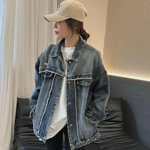 Retro Blue Spring and Autumn Denim Jacket Women's New Casual Korean Style Loose Washed Western Style Versatile Top Trendy