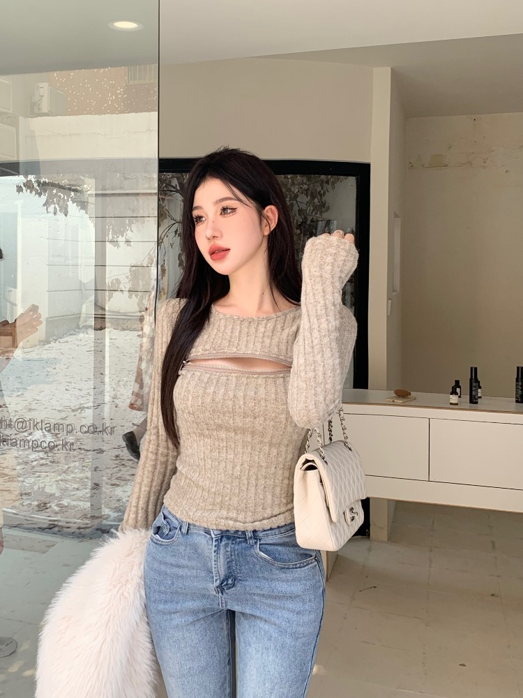 人棉磨毛 拉鏈小設計感女秋冬性感別致修身短款長袖內搭打底上衣