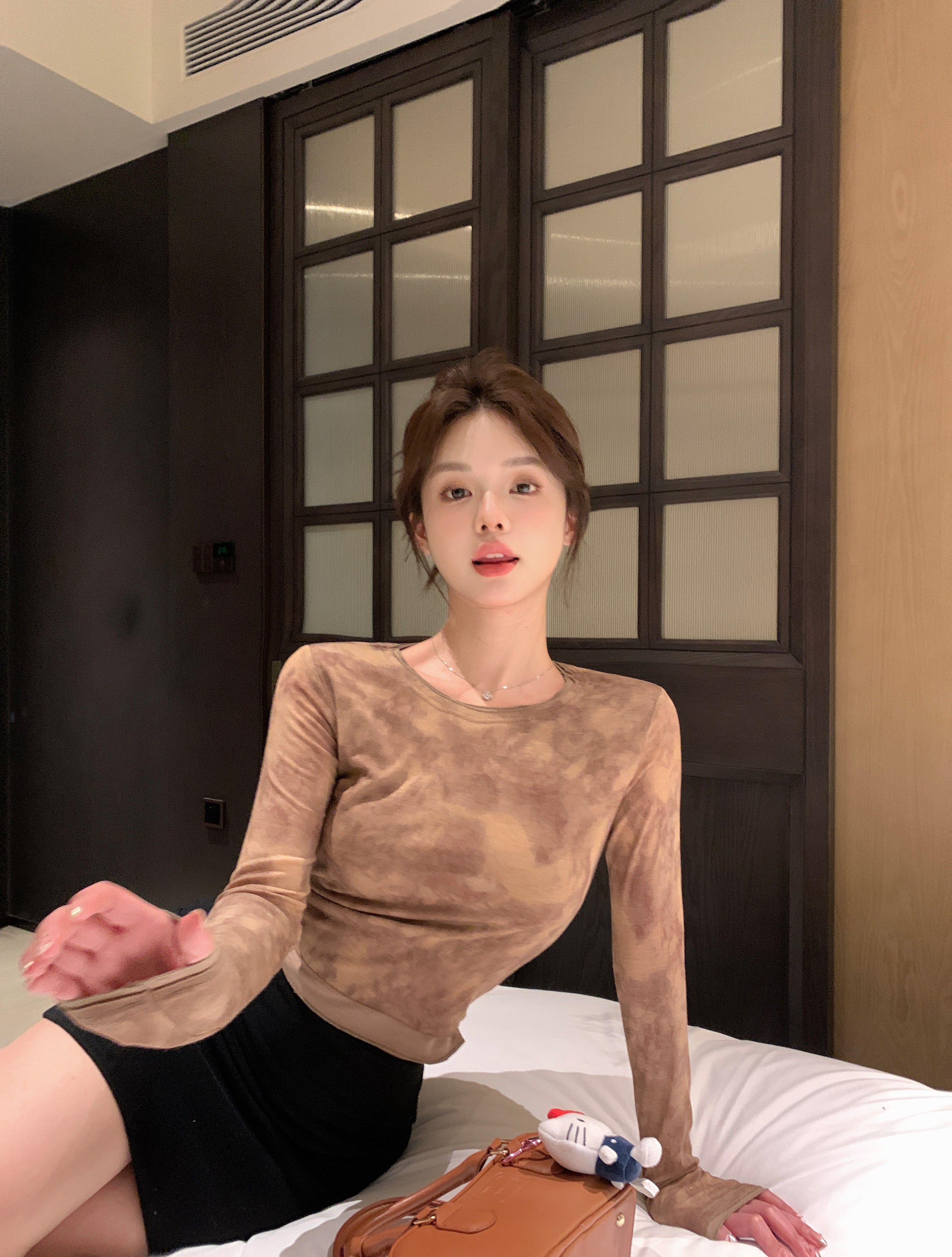 實拍~圓領假兩件顯瘦修身漸變暈染印花打底上衣