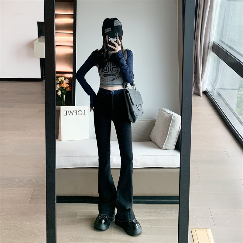 實拍~喇叭牛仔褲女2023年秋季高腰修身顯瘦撞色設計感小眾拖地褲